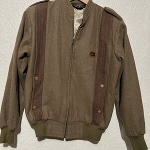 Vintage Men's Olive Green Zip-Up Jacket with Brown Panels